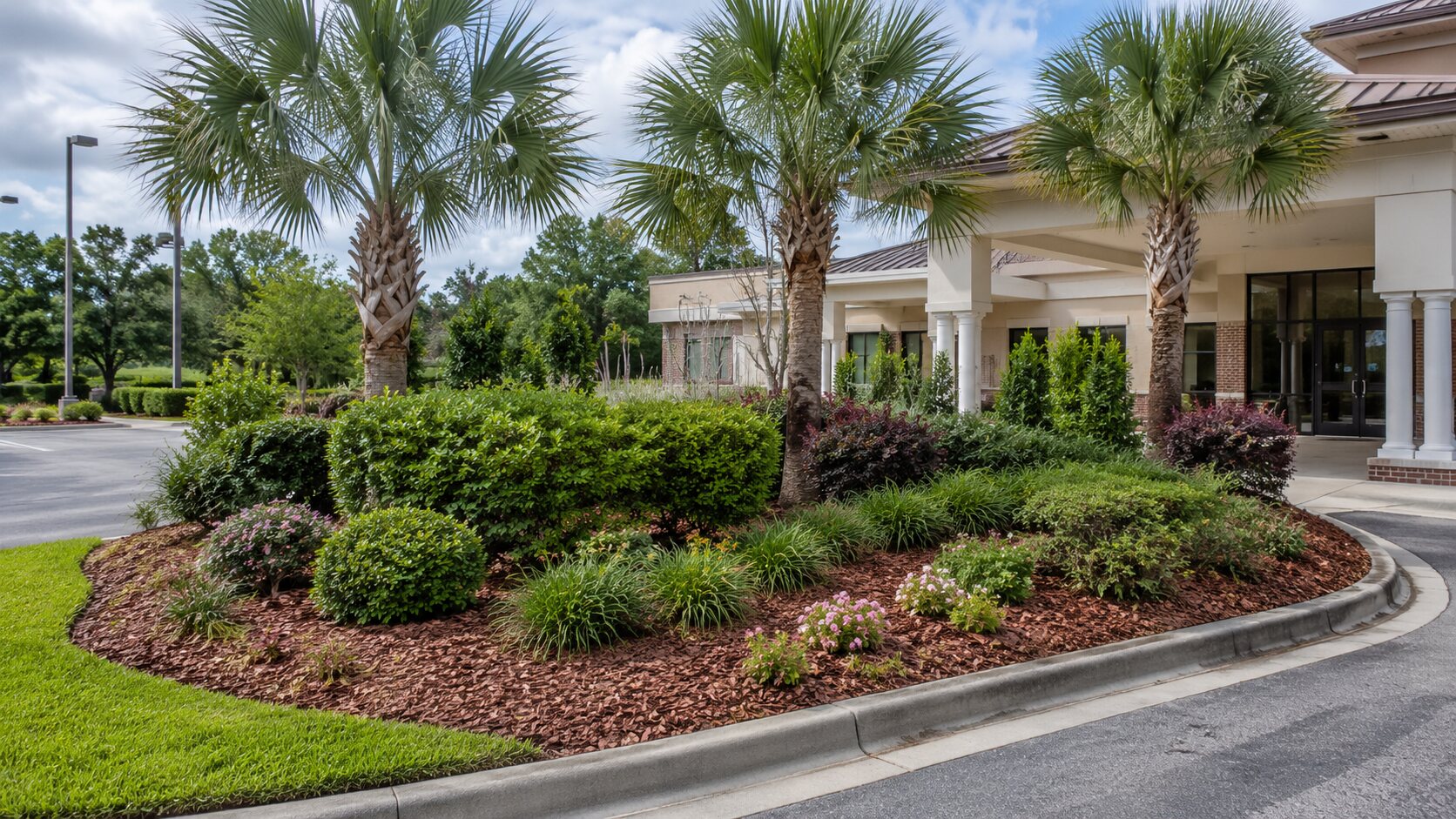 Commercial entrance landscape upgraded with palms, shaped shrubs, flowering plants, and natural mulch
