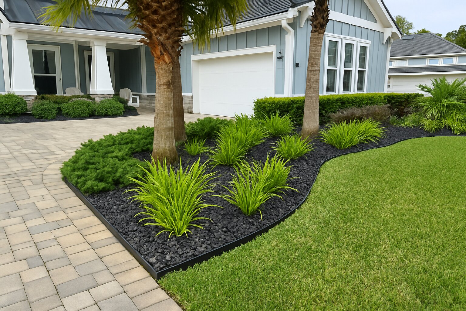 Maintained residential landscape with palms, bright planting, black lava rock beds, and clean hardscape
