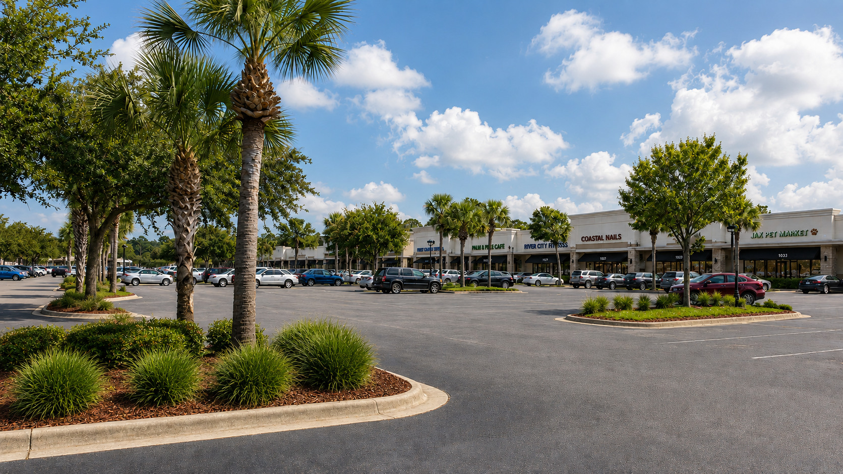 Jacksonville shopping center with maintained parking areas and landscape islands