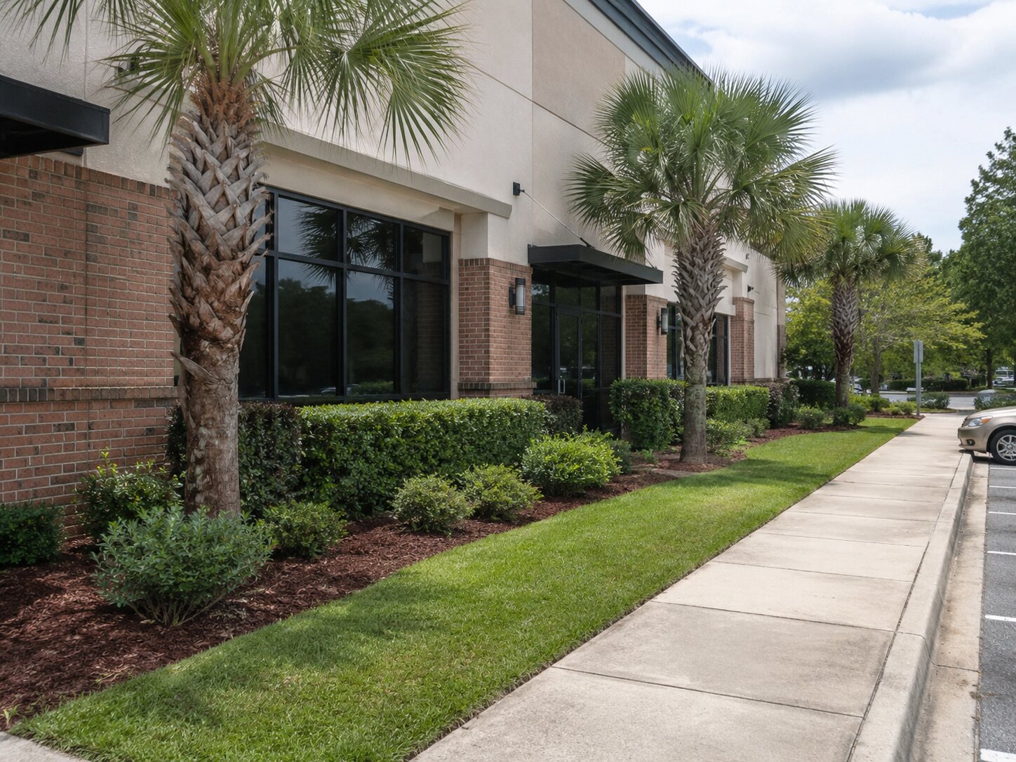 Well-kept Jacksonville storefront grounds with palms, trimmed shrubs, lawn, and defined beds