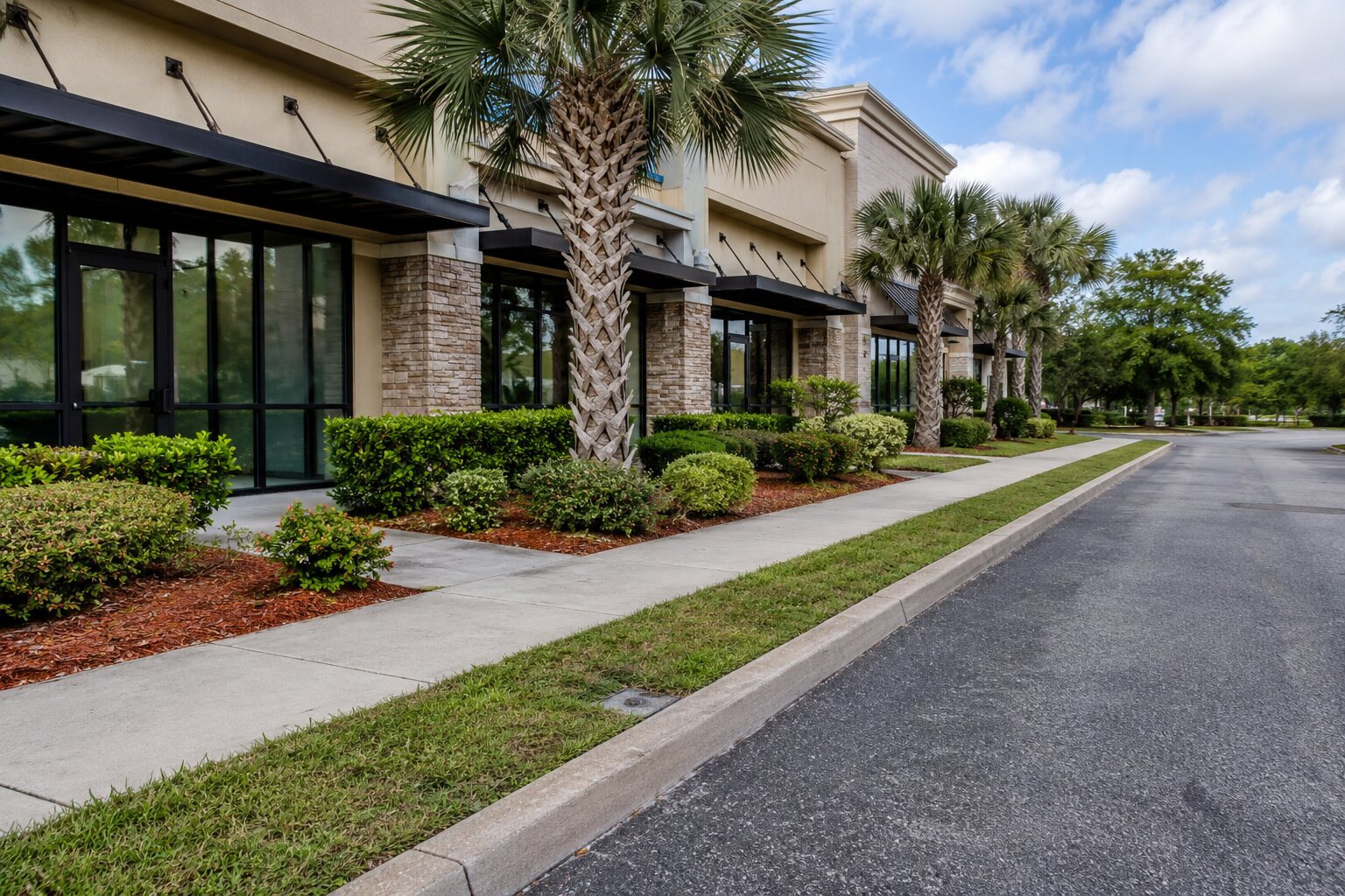 Landscaped Jacksonville storefronts with trimmed shrubs, clean walks, palms, and defined beds