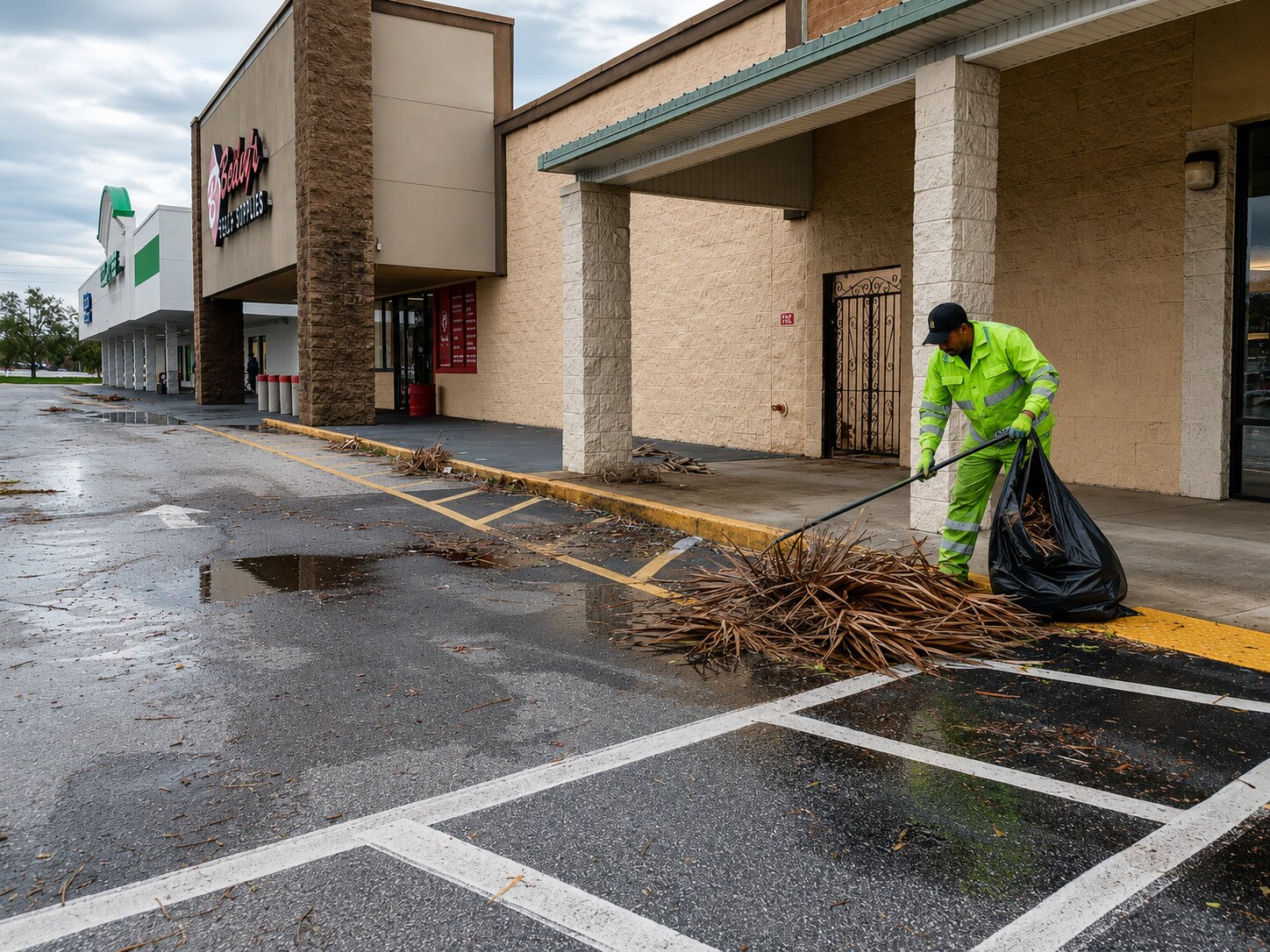 Fam&Co team member clearing storm debris from a commercial storefront and parking area